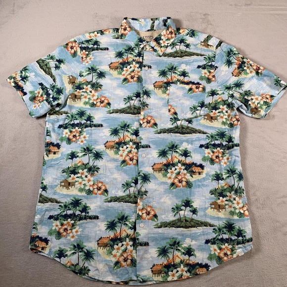 Chaps Other - Chaps Shirt Mens Large Blue Floral Hawaiian Seacoast Wash Linen Rayon Button‎ Up